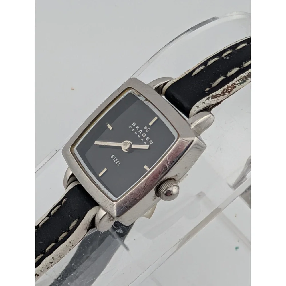 Skagen Steel Watch Women 17mm‎ Case Petite Black Leather Band- New Battery